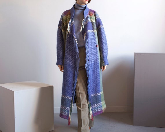 blanket fringe plaid wool raglan sleeve coat / sz