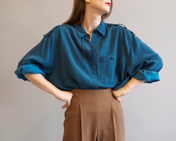 blue teal check oversized 80s shirt / S M L