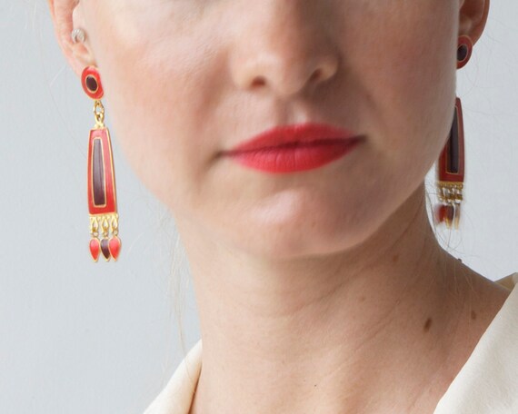 Vintage designer enamel dangle red earrings - image 2