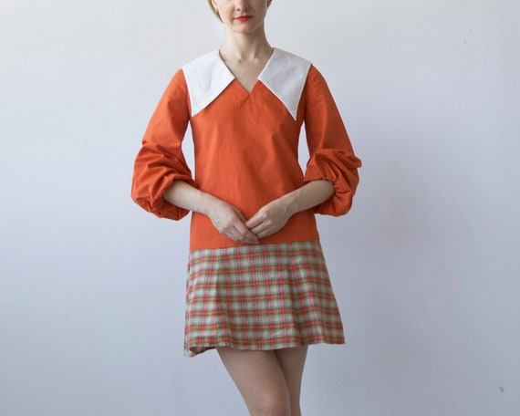 vintage Mini mod orange dress with balloon sleeve… - image 1