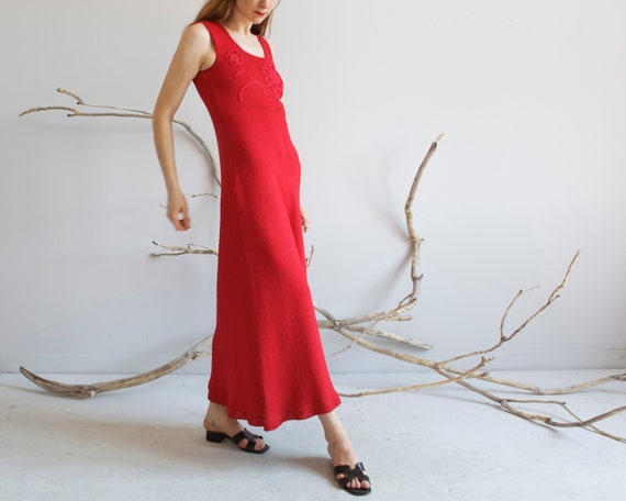 vintage cherry red knit crochet long dress / XS S - image 1