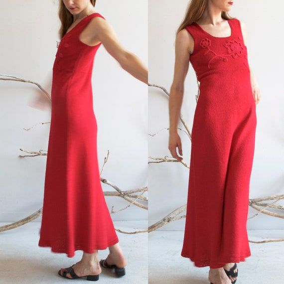 vintage cherry red knit crochet long dress / XS S - image 8