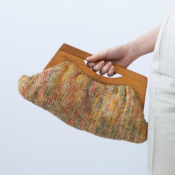 mid century wool tapestry wood purse - image 4