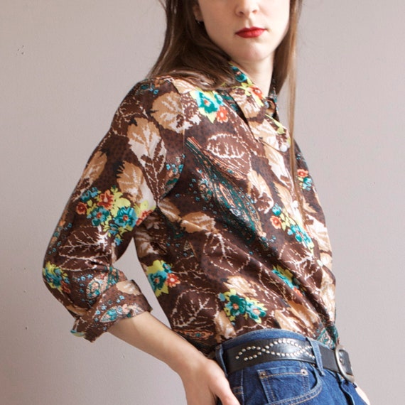 70s brown floral disco shirt blouse