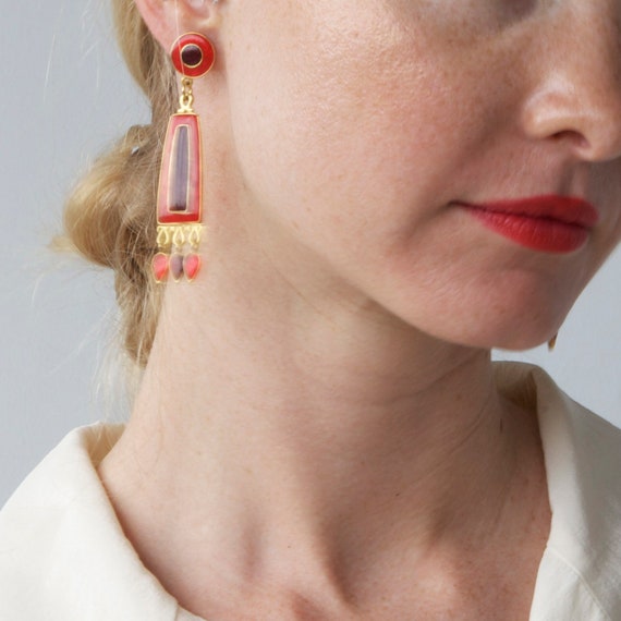 Vintage designer enamel dangle red earrings - image 5