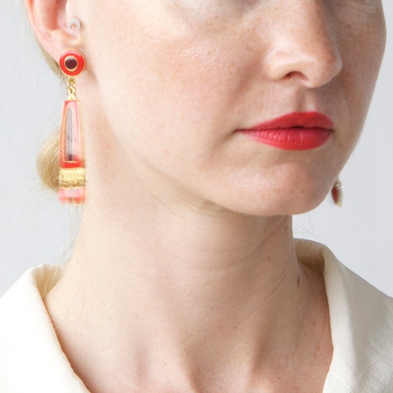 Vintage designer enamel dangle red earrings - image 6