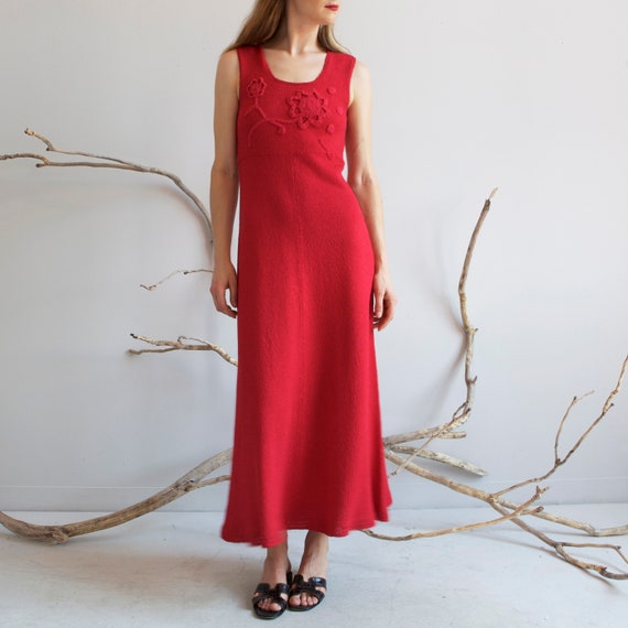 vintage cherry red knit crochet long dress / XS S - image 7