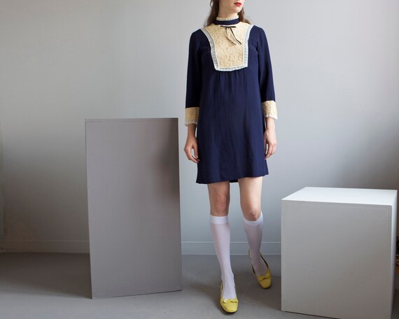 ink blue knit crepe de chine lace trimmed mini mod