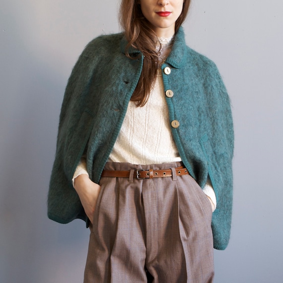 smoky green teal wool mohair cape / sz small