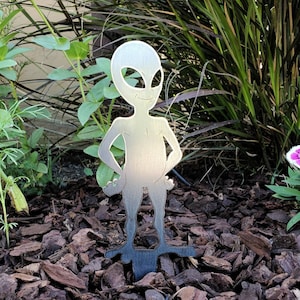 May include: A silver metal garden stake shaped like an alien with large eyes and a wide smile. The stake is standing in a bed of brown mulch.
