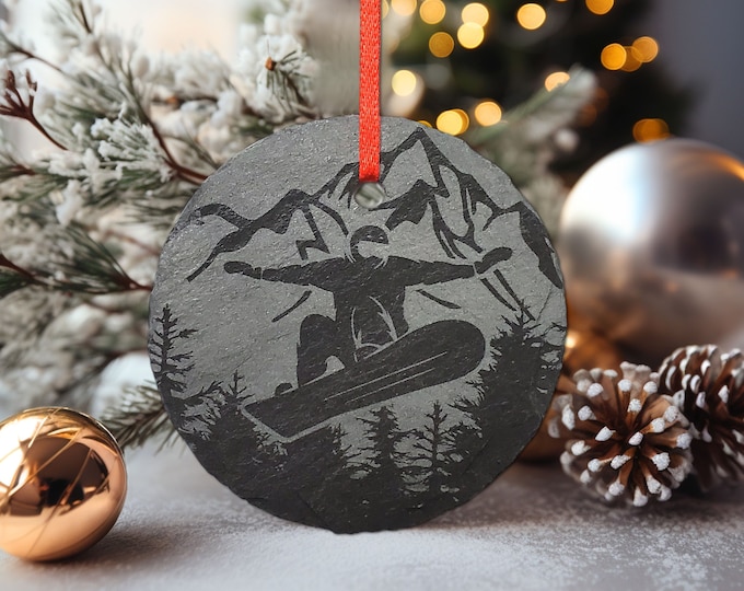 Snowboarding Ornament | 3" Snowboard Adventure Ornament | Personalized Rustic Christmas Slate Ornament