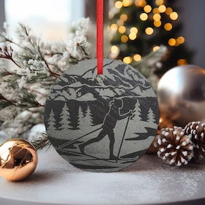 Cross Country Skiing Ornament | 3&quot; Winter Snow Skier Ornament | Personalized Rustic Christmas Slate Decoration Custom Nature Lover gift