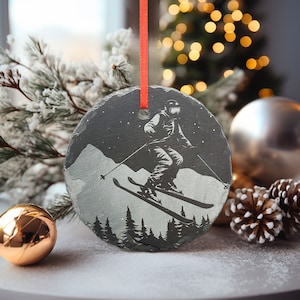 Downhill Skiing Ornament | 3&quot; Winter Snow Skier Ornament | Personalized Rustic Christmas Slate Ski Decoration Custom Nature Lover gift