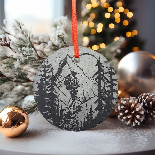 Woman Hiking Ornament | 3" Backpacking Custom Adventure Ornament | Personalized Rustic Christmas Slate Decoration | Custom Nature Lover gift
