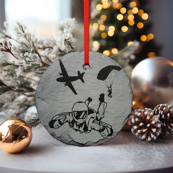 Skydiving Ornament | 3" Parachuting Adventure Ornament | Personalized Rustic Christmas Slate Gift Custom Skydiver Ornament | Love Skydive