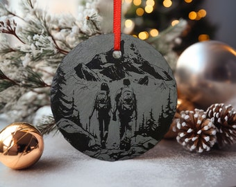 Couples Hiking Ornament | 3" Backpacking Adventure Ornament | Personalized Rustic Christmas Slate Couple Anniversary Gift Husband Wife