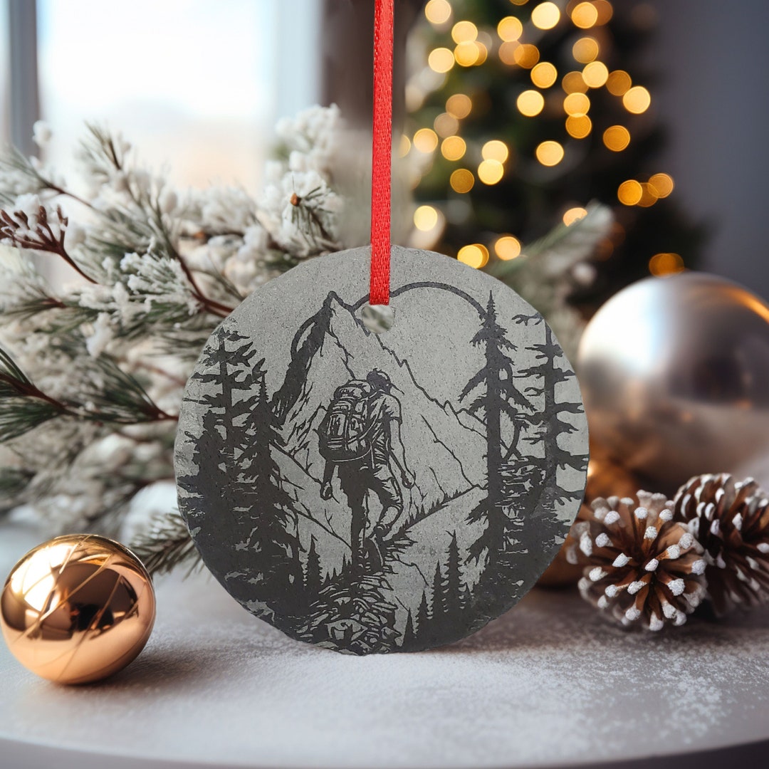 Man Hiking Ornament 3 Backpacking Custom Adventure Ornament Personalized Rustic Christmas Slate