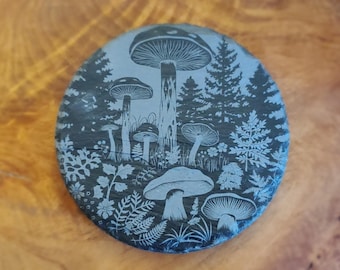 Slate Mushroom Coasters - 4" Round Coaster Set Engraved Cottagecore Housewarming Gift