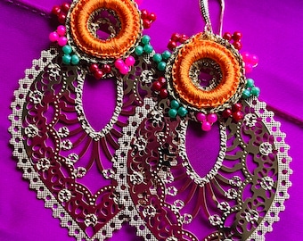 Stainless Steel Gold Plated Filigree Chandelier Boho Earrings With Beaded Crochet Shisha Detail