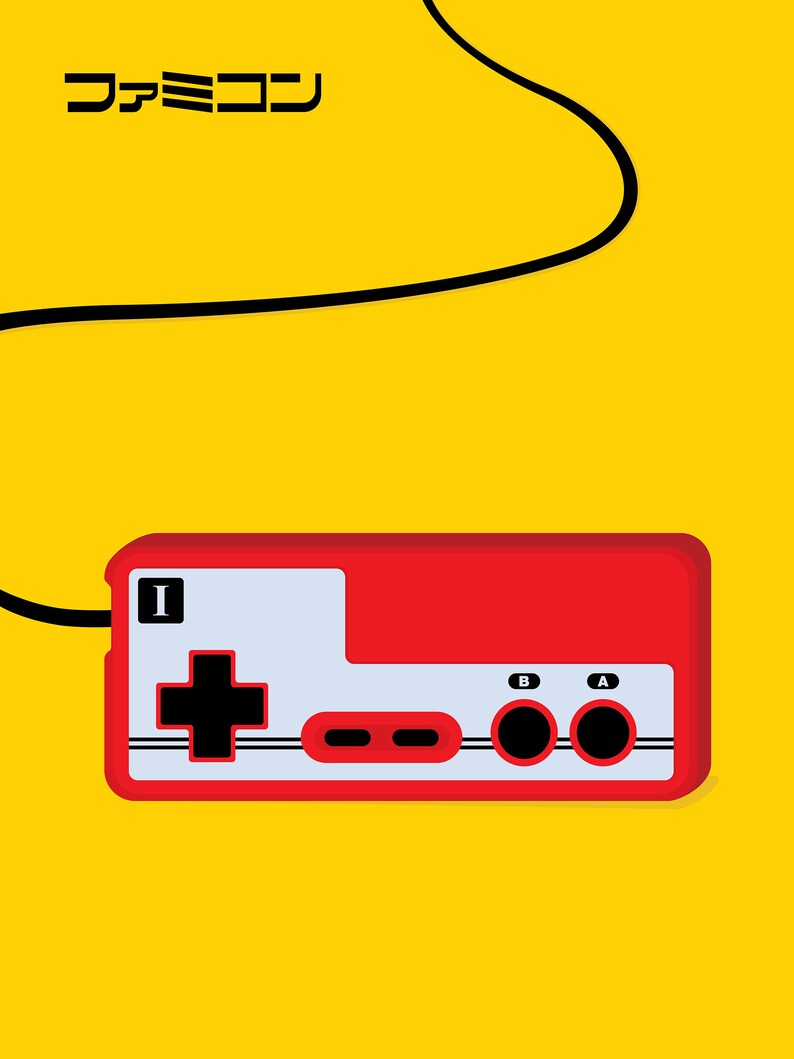 Japanese Famicom Gaming Controller Print Pop Art Illustration Poster yellow 18 × 24 inches