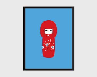 Japanese Kokeshi Print Pop Art Doll Illustration Poster [red]