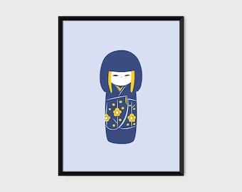 Japanse Kokeshi Print Pop Art Doll Illustratie Poster [grijs]
