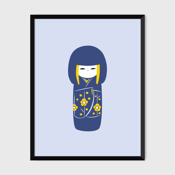 Japanese Kokeshi Print Pop Art Doll Illustration Poster [gris]