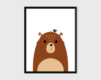 Misha Brown Bear Whimsical Animal Print Pop Art Illustration [white]