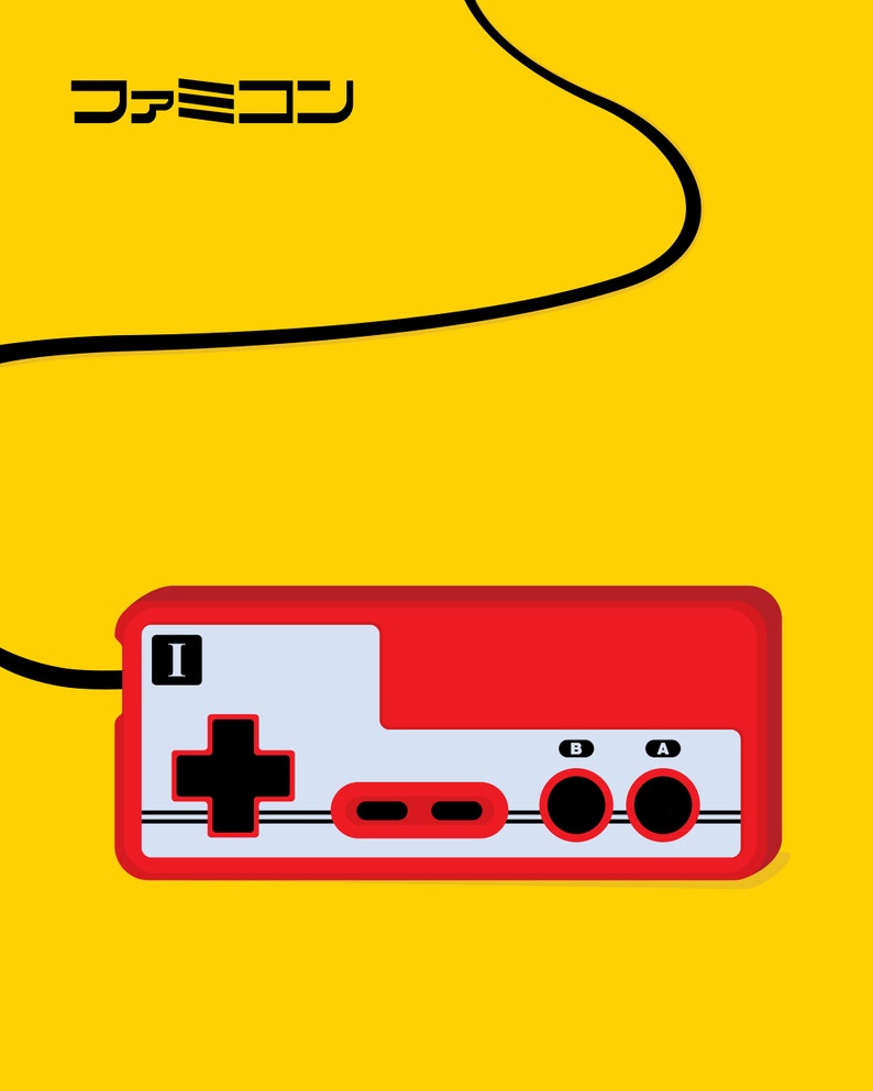 Japanese Famicom Gaming Controller Print Pop Art Illustration Poster yellow 8 × 10 inches