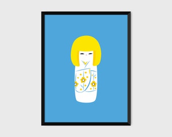 Japanese Kokeshi Print Pop Art Doll Illustration Poster [yellow]