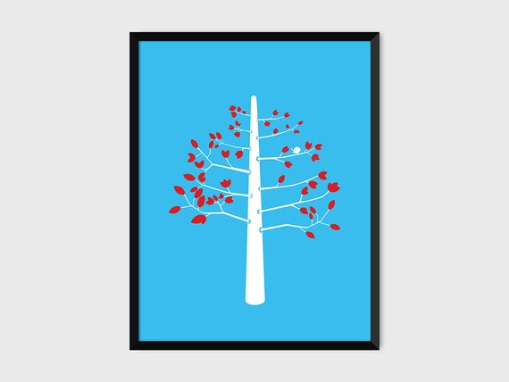 Bird In A Tree Print Pop Art Illustration Poster Blue