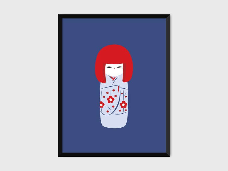 Japanese Kokeshi Print Pop Art Doll Illustration Poster indigo image 1