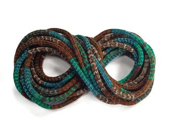 Turquoise and brown tricotin cord tube yarn for crocheting baskets or wire word art