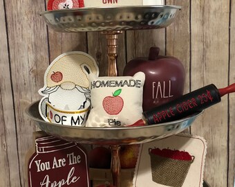 APPLE TIERED TRAY Decor!! Embroidered Apple Themed Miniature Decor! Farmhouse Decor. Tiered Tray. Embroidered Home Decor. Housewarming Gift.