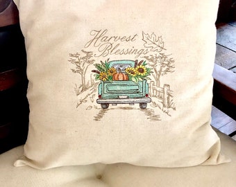 OLD FASHIONED HARVEST. Retro Truck. Embroidered Harvest Pillow. Holiday Decor. Vintage Fall.