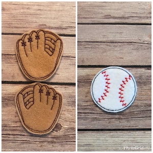 May include: Two brown felt baseball mitts and a white felt baseball with red stitching.