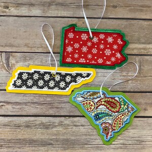 STATE CHRISTMAS ORNAMENTS! Appliquéd Holiday Ornaments. Seasonal Ornament. Embroidered Ornament for trees, gifts, stockings & more!