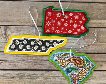 STATE CHRISTMAS ORNAMENTS! Appliquéd Holiday Ornaments. Seasonal Ornament. Embroidered Ornament for trees, gifts, stockings & more!