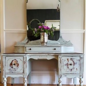 SOLD***Antique Vanity, teal, light blue, shabby cottage furniture