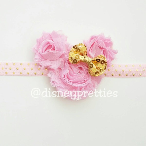 Minnie Shabby headband. Pink shabby minnie. Minnie headband. Minnie bow. Gold and pink minnie mouse. Minnie Mouse. Miss mouse.