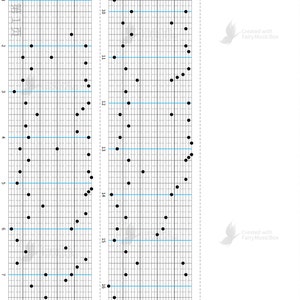 Puede incluir: Una muestra de partitura musical en blanco y negro para una caja de música. La partitura está dividida en dos columnas, con las notas representadas por puntos negros. La partitura está etiquetada como "Muestra de partitura" y "no esta canción". El texto "BPM=120" y "120 Notas/51,20 cm" también está incluido. La partitura es para una canción con las notas D, A, C, E, F, G, A, C, D, E, F, G, A, C, E, C, G, B, D, F, G, A, B, C, D, F, G, A, B, D.