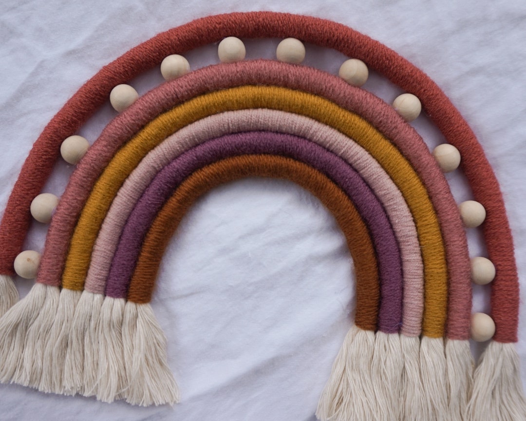 Hand Wrapped Macrame Rope Rainbow With Wood Bead Accent Etsy