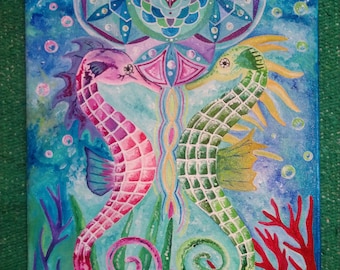 Seahorse Union Sacred Geometry Original Canvas