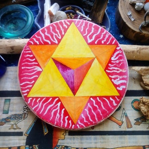 Yellow/Orange/Red Star Tetrahedron Merkabah Sacred Geometry Wooden Disk