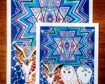 The Three Wise Owls Sacred Geometry Paper Print