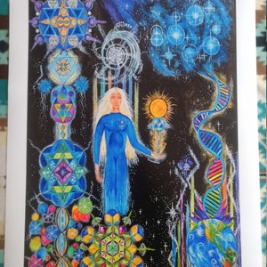 May include: A colorful painting depicting a woman with long blonde hair standing in front of a black background. The woman is holding a glowing orb in her right hand. The background is filled with geometric shapes, stars, and a DNA strand. The painting is a mix of abstract and figurative art.
