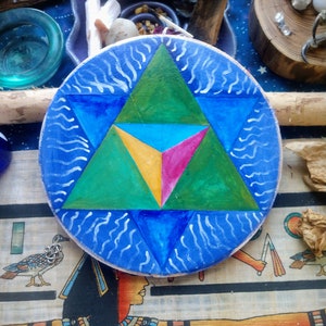 Blue/Green Star Tetrahedron Merkabah Sacred Geometry Wooden Disk