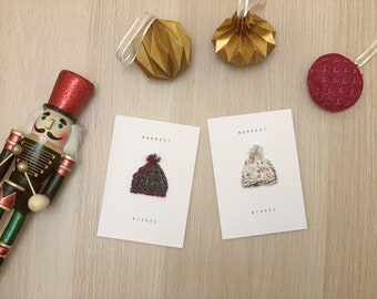 Handmade Embroidered Christmas Card | Warmest Wishes | Cosy Knit Pom Pom Hat | Unique | Premium | Handmade |