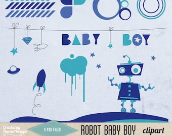 Little Cute Robot Baby Boy Clipart Instant download PNG Birth Cards Handmade Funny Scrapbook