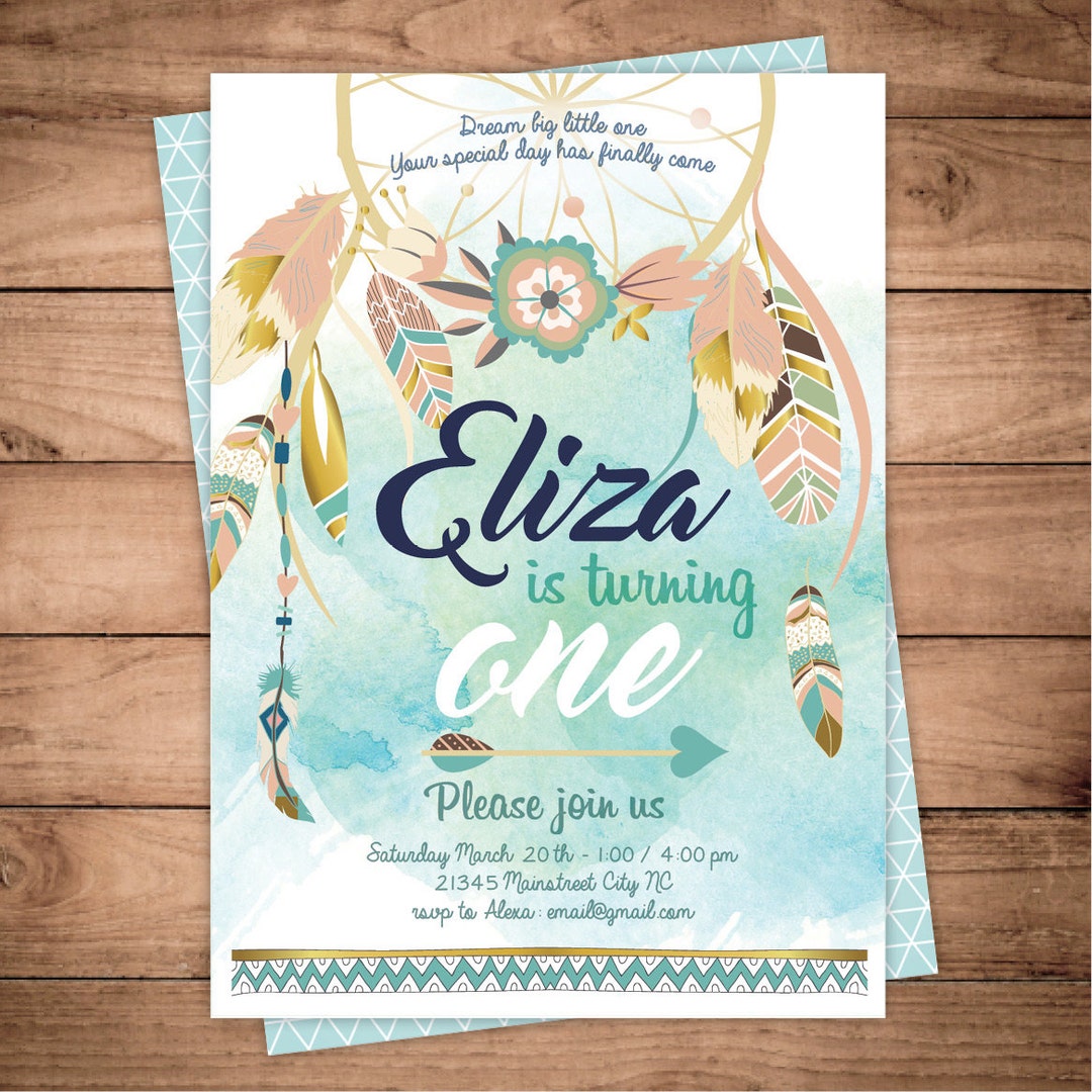 Dreamcatcher Boho Birthday Invitation Digital Printable Files Feathers ...